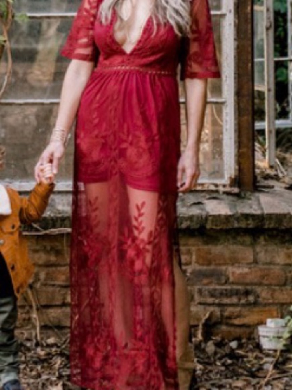 Women's Red Lace Sheer Maxi Dress